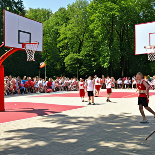 **Image Prompt:** A vibrant outdoor basketball tournament scene in a Polish park (e.g., Park Łazienki Królewskie in Warsaw). Show amateur teams playing, spectators cheering, food stalls selling *zapiekanka* and *gofr*, and a face-painting station for kids. The scene should be sunny and lively, with Polish flags subtly visible.