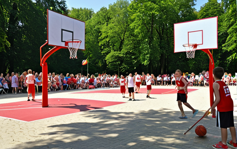 **Image Prompt:** A vibrant outdoor basketball tournament scene in a Polish park (e.g., Park Łazienki Królewskie in Warsaw). Show amateur teams playing, spectators cheering, food stalls selling *zapiekanka* and *gofr*, and a face-painting station for kids. The scene should be sunny and lively, with Polish flags subtly visible.