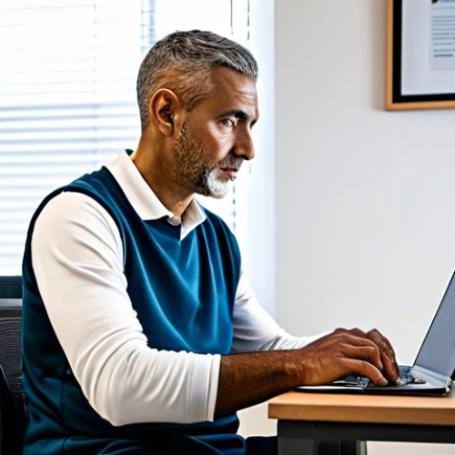 A focused professional male basketball coach, fully clothed in modest, smart casual attire, sitting at a desk in a modern, well-lit study room. He is intently reading a large textbook on sports psychology and coaching methodologies. On the desk, a laptop displays a certificate graphic (e.g., FIBA coaching certification) and a small, official basketball is visible. The atmosphere is quiet and academic, emphasizing continuous learning. The image features perfect anatomy, correct proportions, natural pose, well-formed hands, proper finger count, and natural body proportions. This is a professional portrait, high-quality, safe for work, appropriate content, fully clothed, and family-friendly.