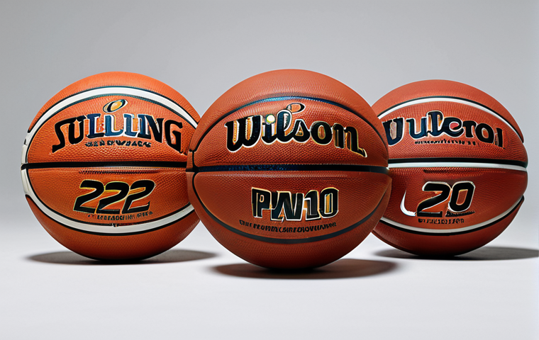 A professional studio photograph showcasing a diverse collection of basketballs, emphasizing material innovation. In the foreground, a durable, textured rubber outdoor basketball designed for rough surfaces. Next to it, a sleek, premium composite leather indoor basketball, highlighting its superior grip and refined surface. A third, subtly visible ball in the background features advanced micro-textures or a sustainable material label, hinting at future innovations. The composition is clean and minimalist, with soft, even lighting. High-resolution, crisp focus, vibrant sports aesthetic, safe for work, appropriate content, fully clothed, family-friendly, perfect anatomy, correct proportions, natural composition.