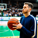 A focused male professional basketball player in a standard, modest team uniform, poised at the free-throw line on a brightly lit indoor court. The player is about to release the basketball, showcasing intense concentration. The background features blurred, respectful spectators in the stands, creating a sense of a live professional game. The scene is captured with professional sports photography, high quality, perfect anatomy, correct proportions, natural pose, well-formed hands, proper finger count, natural body proportions, safe for work, appropriate content, fully clothed, professional attire, family-friendly.