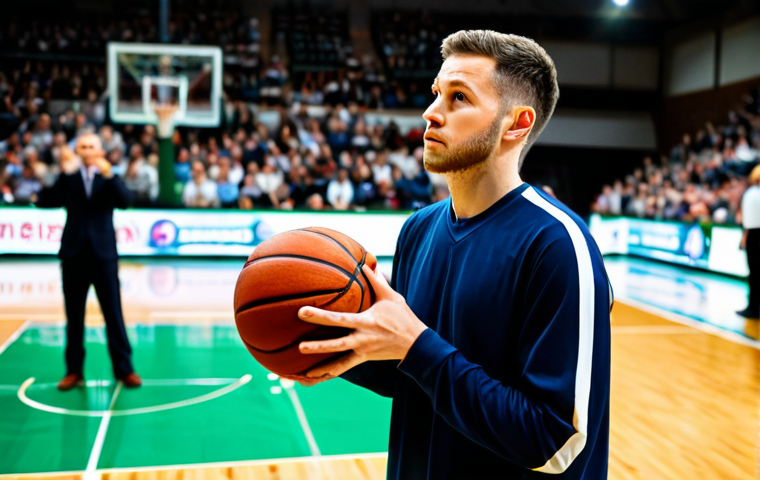 A focused male professional basketball player in a standard, modest team uniform, poised at the free-throw line on a brightly lit indoor court. The player is about to release the basketball, showcasing intense concentration. The background features blurred, respectful spectators in the stands, creating a sense of a live professional game. The scene is captured with professional sports photography, high quality, perfect anatomy, correct proportions, natural pose, well-formed hands, proper finger count, natural body proportions, safe for work, appropriate content, fully clothed, professional attire, family-friendly.